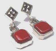Sterling Coral & Marcasite Earrings, Red Coral Earrings  