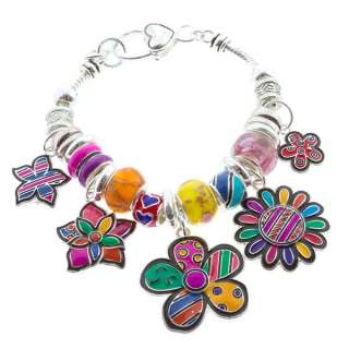 Colorful Flower Garden Heart Murano Glass European Charm Bead Silver 