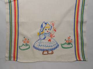   Kitchen Dish Towel Stripes 1940s Embroiderey Dutch girl Design  