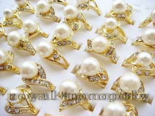 wholesale of 12pieces pearl&Rhinestone Gold tone Rings  