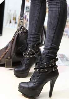   Womens Studded High Heels Platform Lace up Ankle Boots Shoes US 9/40