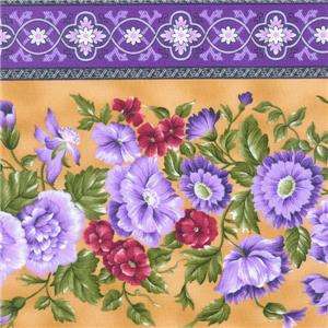   Marianne Elizabeth Purple Mauve Gold Floral Border Stripe Fabric