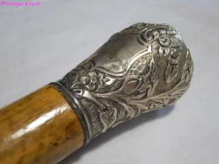 ANTIQUE ORNATE SILVER TOPPED MALACCA WOOD WALKING CANE STICK  