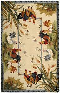 Hand hooked Roosters Ivory Wool Area Rug 5 x 8  