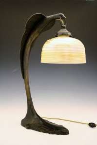   BIRD FORM LAMP WITH DAMASCENE GLASS SHADE WITH LCT SIGNATURE NR  