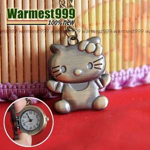  Bronze Kitty Cat Quartz Pocket Watch Pendant Necklace New HB194  
