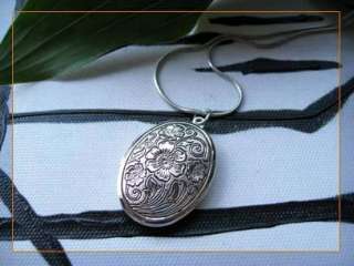 Hmong Miao Silver Oval Flower Picture Locket Necklace  