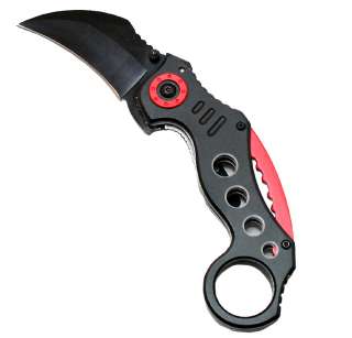 Spring Assisted Folding Knife Hook Blade Black & Red New   