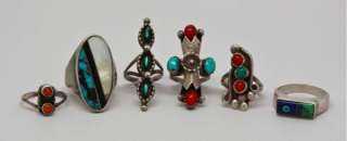   LOT OF 6 SOUTHWESTERN NATIVE STERLING SILVER TURQUOISE CORAL RINGS