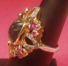 Sterling Vermeil Diamonds Rubies Carved Emerald Ring  