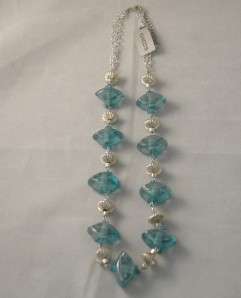Chicos Silver and Blue Glass Chain Necklace, New  
