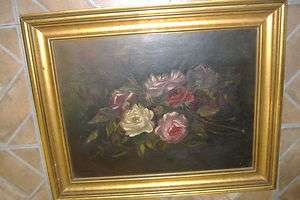 old painting roses flowers rare unsigned gold frame 1800s Ella Barton 