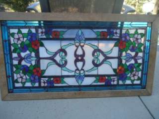   VINTAGE STAINED GLASS WINDOW/BEVELED AND JEWELED~Wooden Frame  
