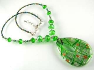 A726 Murano glass pendant nekclace green golden drop  