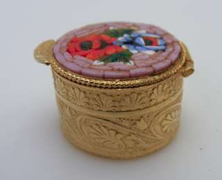 Vintage Engraved Micro Mosaic Flower Pill Box Italy  