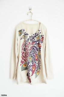   Round Neck Peacock Freehand Comfort Women Bottoming Shirt C23Z  