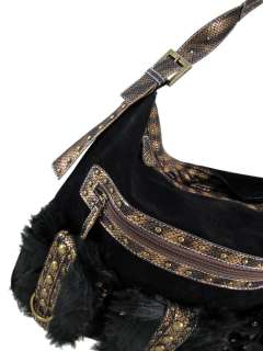 Faux Fur And Suede Shoulder Bag   Snakeskin Trim Color BLACK  