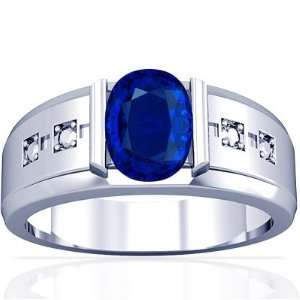  18K White Gold Oval Cut Blue Sapphire Mens Ring Jewelry