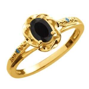   40 Ct Oval Black Onyx Blue Diamond 18K Yellow Gold Ring Jewelry