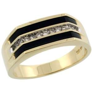 10k Gold Mens Striped Onyx & Diamond Ring w/ 0.20 Carat Brilliant Cut 