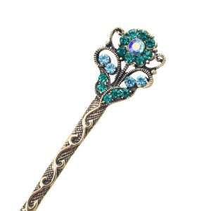    Czech Rhinestone Antique Brass Floral Hair Stick Blue Beauty