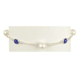 Blue Onyx Cabochons with White Pearl on Sterling Silver Chain Bracelet 