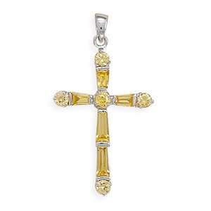    Baguette/Round Yellow Crystal Cross Pendant 