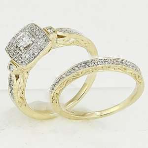  Gold Round Diamond Ladies Bridal Ring Engagement Matching Band Set 