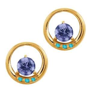   Ct Round Blue Tanzanite and Swiss Blue Topaz 18k Yellow Gold Earrings