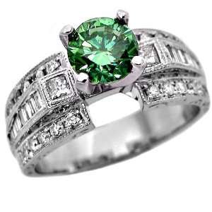   Green Round Diamond Engagement Ring Vintage Style 14k White Gold (5