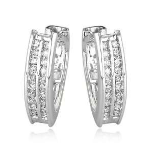    14K White Gold 1/2ct Round Diamond Rows Hoop Earrings Jewelry