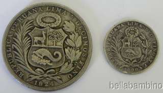 LOT OF 2 PERU SILVER COINS 1888,1924  