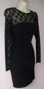 LAUNDRY by DESIGN Black Lace Cocktail Ruched Stretch Jersey Evening 