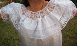 WHITE GYPSY PEASANT BLOUSE LACE MEXICAN ONE SIZE FITS  