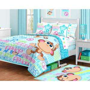   Girls Pink Aqua Blue PEACE MONKEY Comforter Sheets Bedding Set  