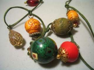 Vintage Bead Necklace Cloisonne Carved Wood Metal bell  