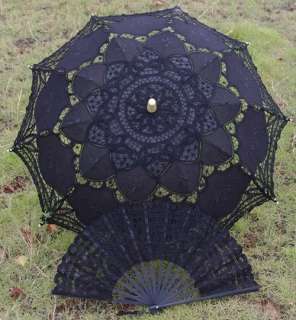 Black Handmade Lace Parasol Umbrella + Fan for Wedding  