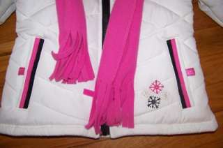   GIRLS 4 WHITE QUILTED PINKS TRIM WARM FLEECE LINED JACKET SCARF NWT