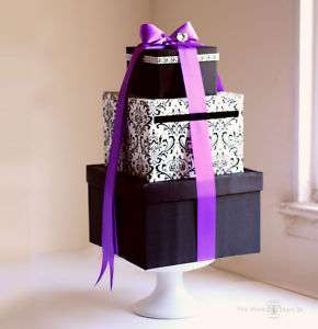 Wedding Card Box Money Holder   Damask Purple Ribbon  
