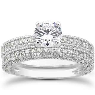   Pave Engagement Petite Wedding Ring Set Heirloom 14K White Gold  