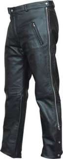 MENS Biker BLACK LEATHER Pull Over Pants MOTORCYCLE CHAPS Jeans w 