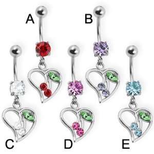  Belly button ring with cherries in a heart, aquamarine   E 
