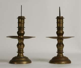 Pair of Early Dutch Colonial Brass Candlesticks/17th 18th Century 