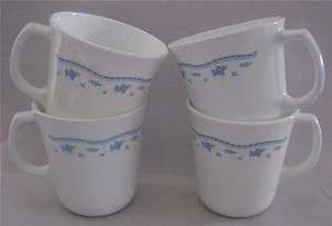 Corelle Corning ~ MORNING BLUE ~ 4 Coffee Mugs ~ Floral Flowers  