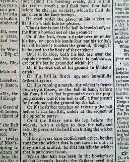 Great CRICKET Rules of the Game Bat Ball 1789 Newspaper  