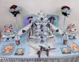 4Tier Blue/Brown Baby Shower Diaper Cake Centerpiece/Gift/Decoration 
