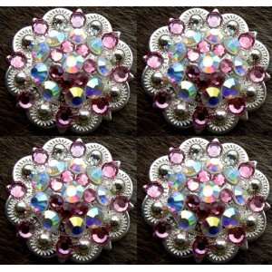    4 Pink and Silver Swaroski Crystal Conchos 