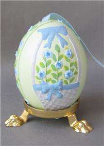 Austrian hand painted blown real Easter Egg BLUE FLOWER BASKET Germany 