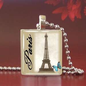   Eiffel Tower Butterfly Altered Art Glass Crystal Pendant 24 Necklace