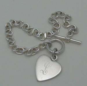 Silver Bracelet Heart Charm Engraved L Sterling 925 Toggle Clasp 20.4 